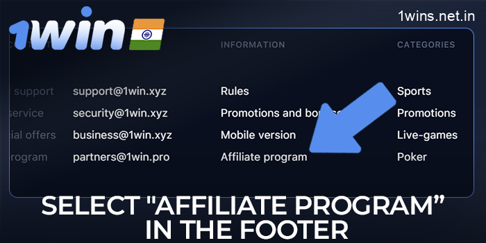 "Affiliate Programme" in the footer of the 1win website.