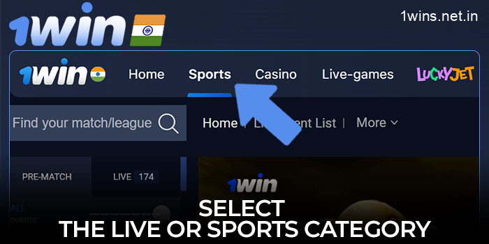 Select the category Live or Sports in 1win India