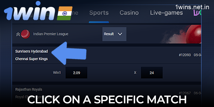 Click on a specific match to see all the sports markets offered by 1win