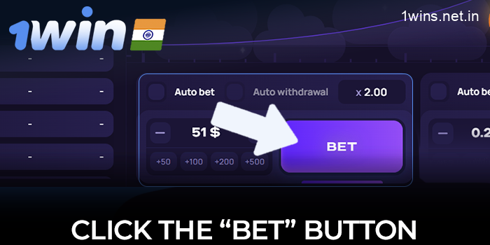 Enter the amount in the bet area and click the "Bet" button at 1win Lucky Jet game