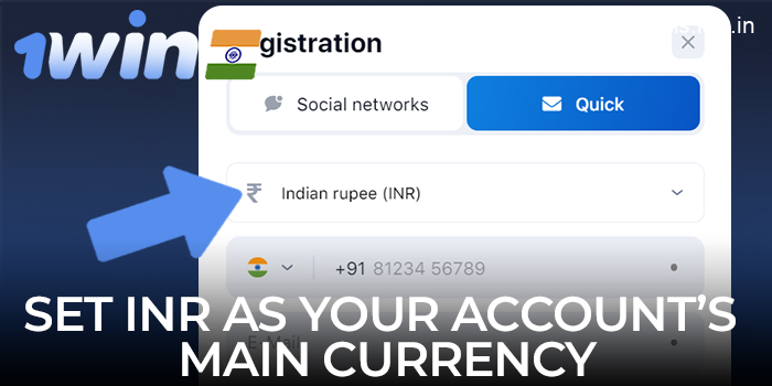 Set your 1win account's primary currency to INR (Indian Rupee)