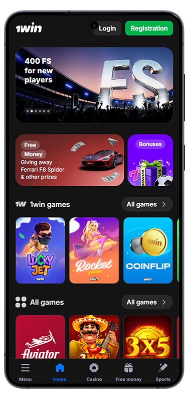 Casino lobby screen in the 1Win app