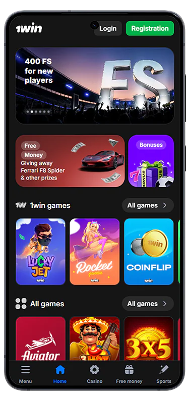 Casino lobby screen in the 1Win app