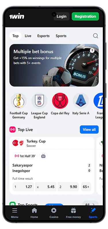 Screenshot of the sports betting section in the 1Win mobile app