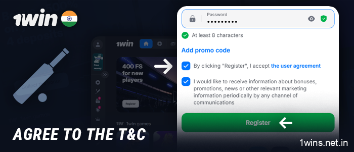 Agree to the terms and conditions when creating a betting cricket account at 1Win